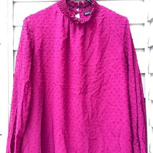 Magenta Pink Swiss Dot Ruffle‎ Mock Neck Blouse.  Sheer with lining of body